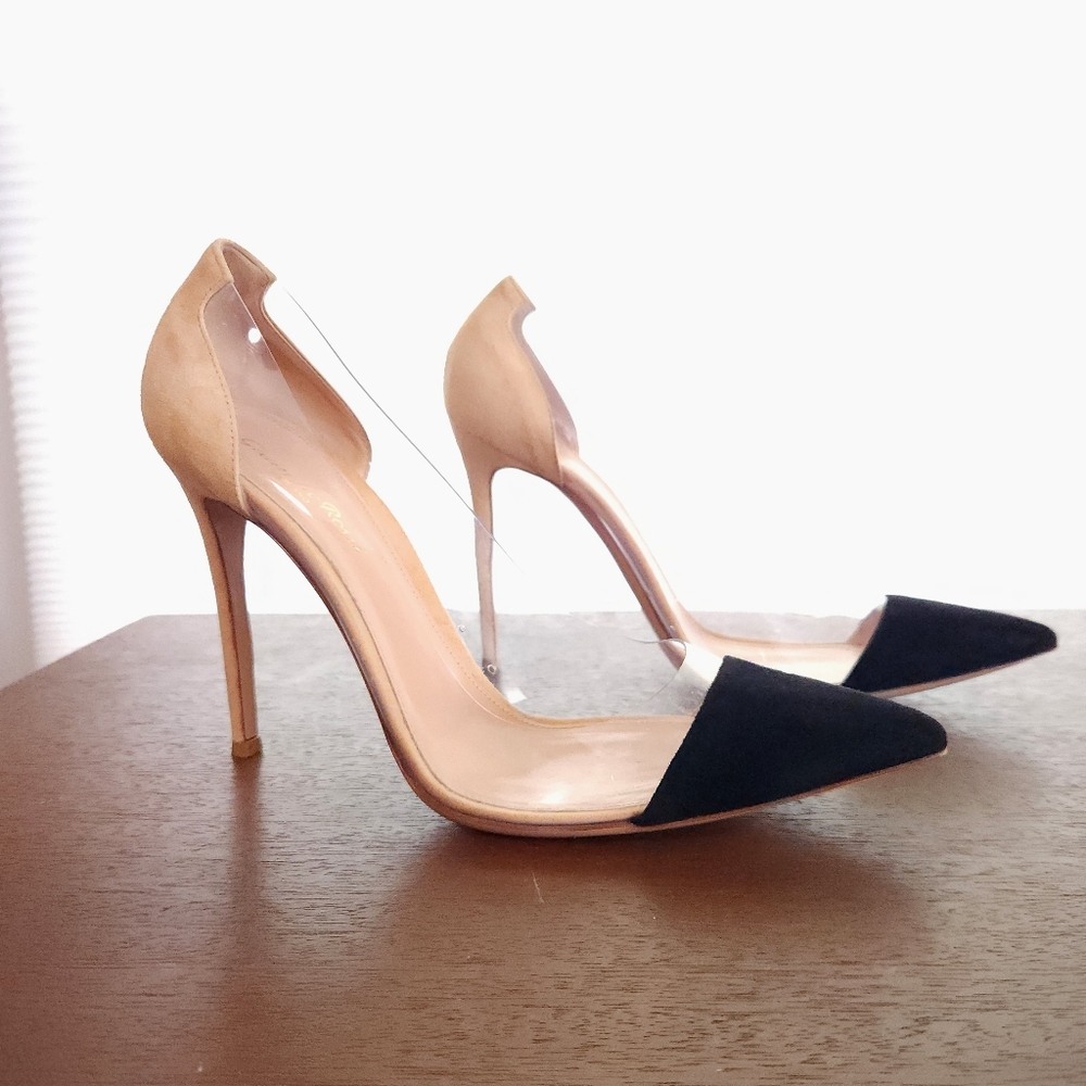 Gianvito Rossi Plexi Suede Velvet Two Tone Colorblock Heels Tan Black